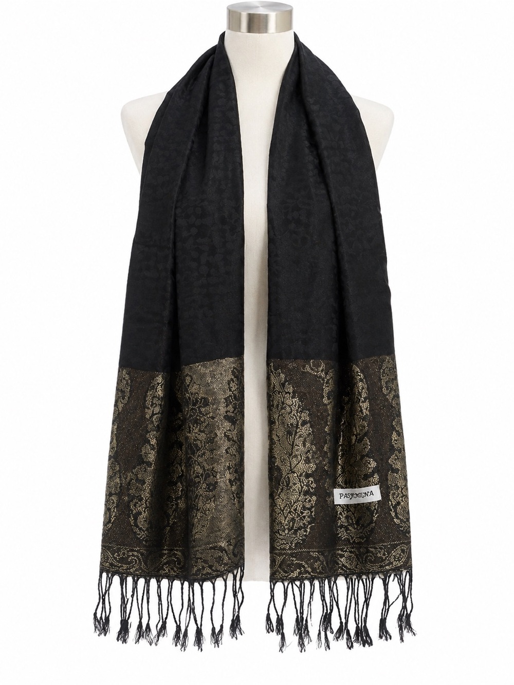 pashmina Black with Gold Brocade Border Fringed Shawl